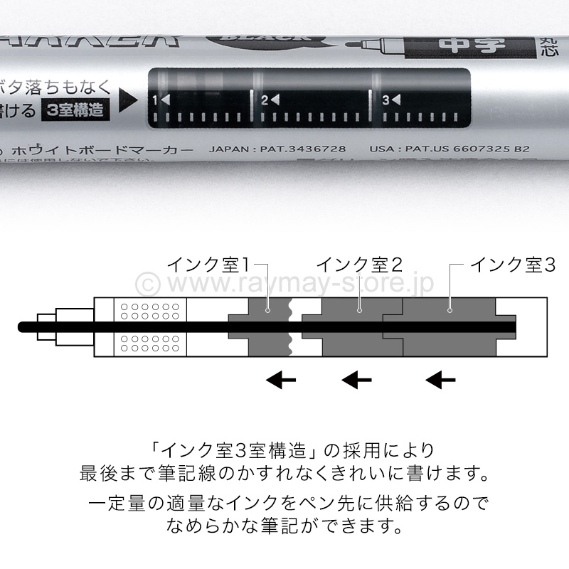 ホワイトボード用 ボードマーカー（直液式）中字3本パック・黒